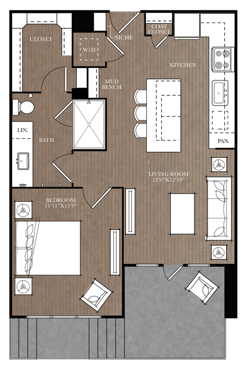 Floor plan for 1 bed, 1 bath, 747 sqft