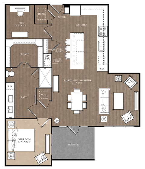 Floor plan for 1 bed, 1 bath, 1138 sqft