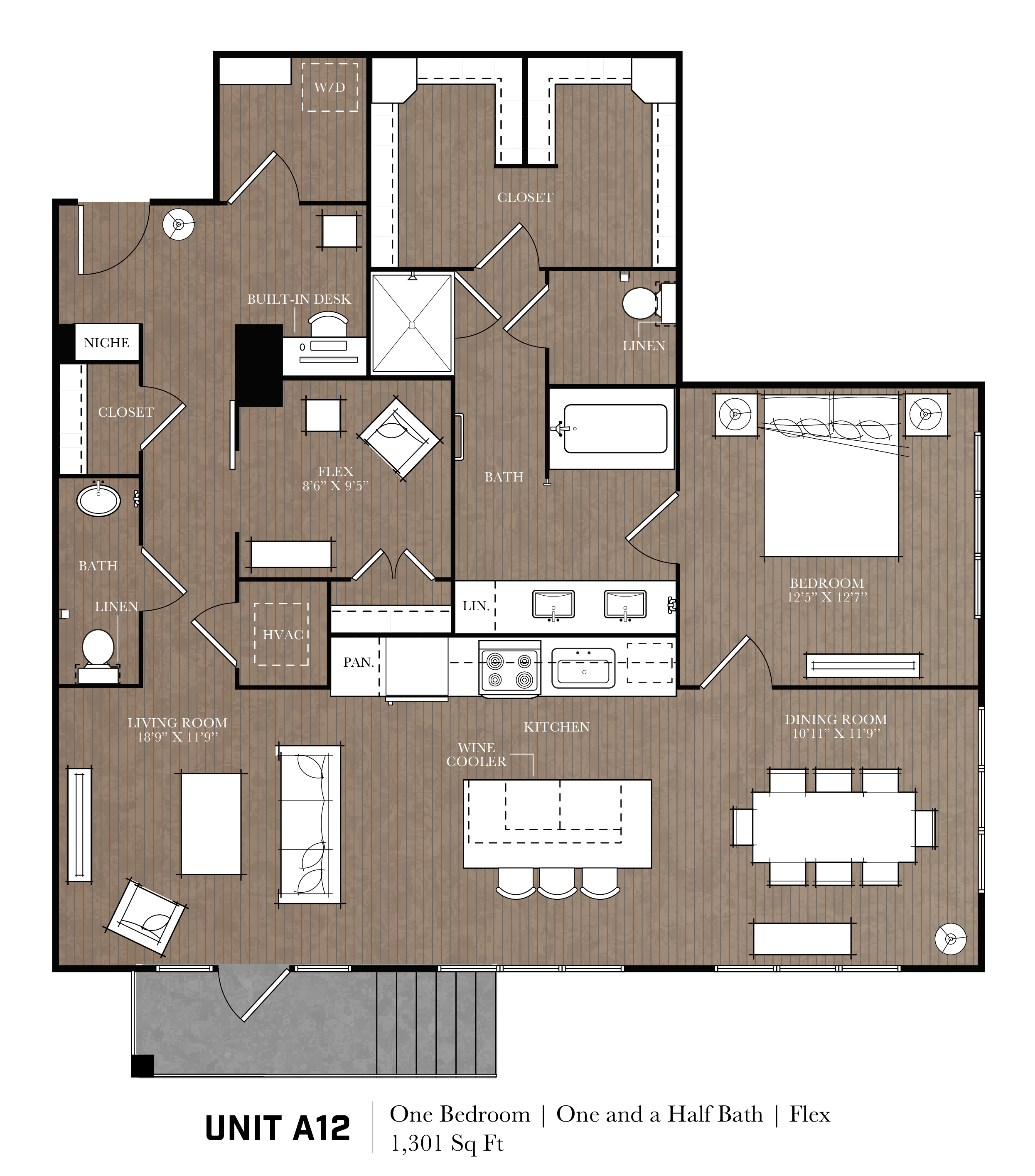 Floor plan for 1 bed, 1.5 baths, 1301 sqft