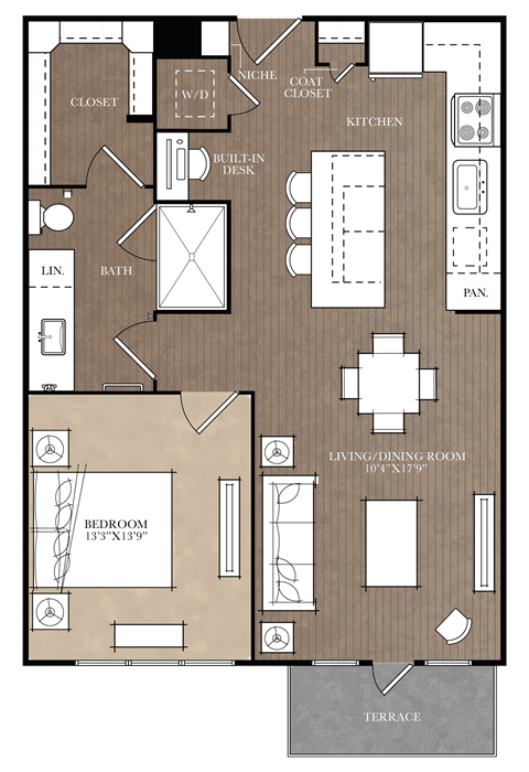 Floor plan for 1 bed, 1 bath, 788 sqft