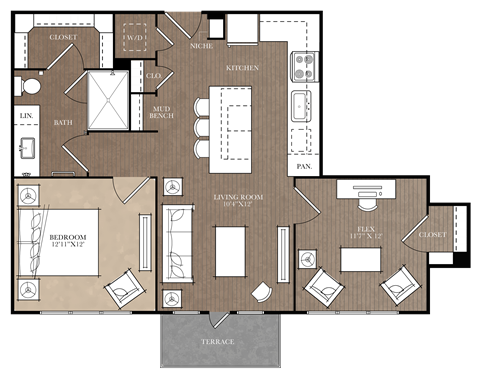 Floor plan for 1 bed, 1 bath, 849 sqft