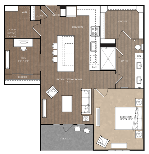 Floor plan for 1 bed, 1 bath, 862 sqft