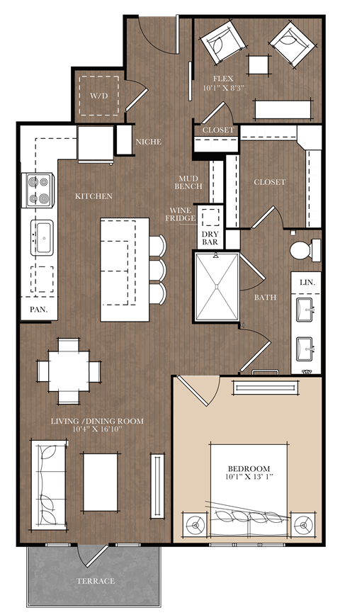 Floor plan for 1 bed, 1 bath, 900 sqft