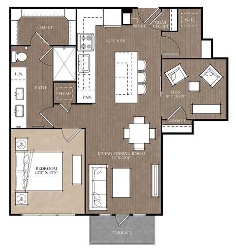 Floor plan for 1 bed, 1 bath, 932 sqft