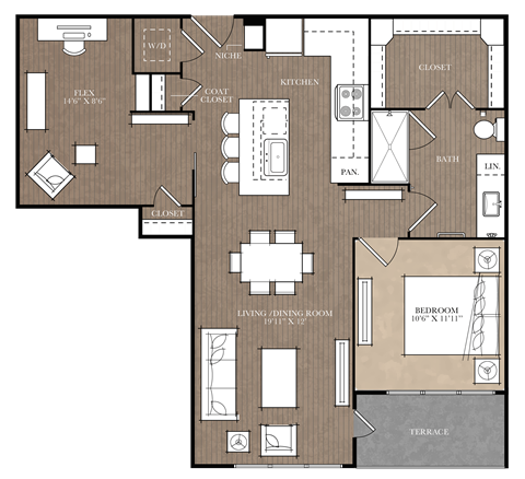 Floor plan for 1 bed, 1 bath, 932 sqft