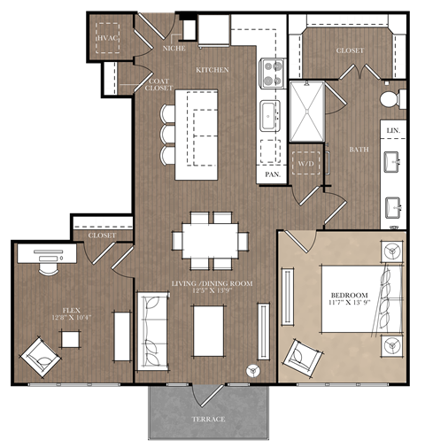 Floor plan for 1 bed, 1 bath, 958 sqft