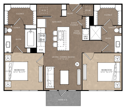 Floor plan for 2 beds, 2 baths, 952 sqft