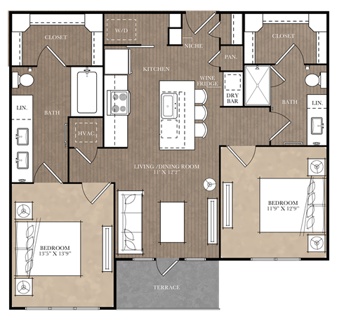 Floor plan for 2 beds, 2 baths, 1036 sqft