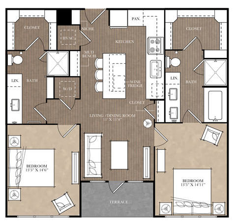 Floor plan for 2 beds, 2 baths, 1135 sqft