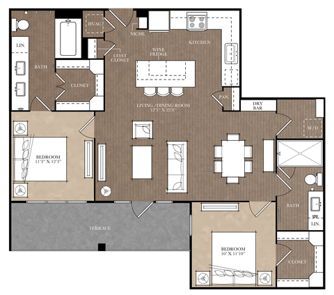 Floor plan for 2 beds, 2 baths, 1186 sqft