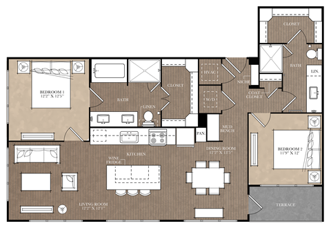 Floor plan for 2 beds, 2 baths, 1224 sqft