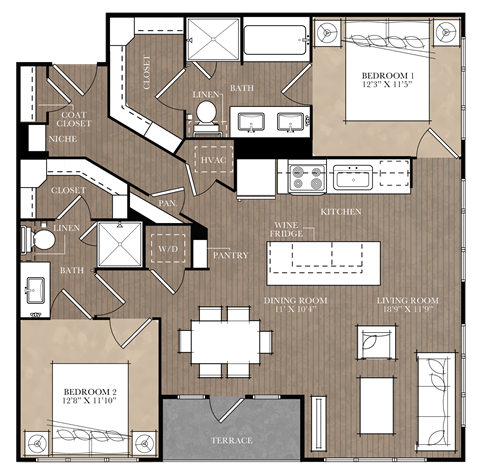 Floor plan for 2 beds, 2 baths, 1238 sqft