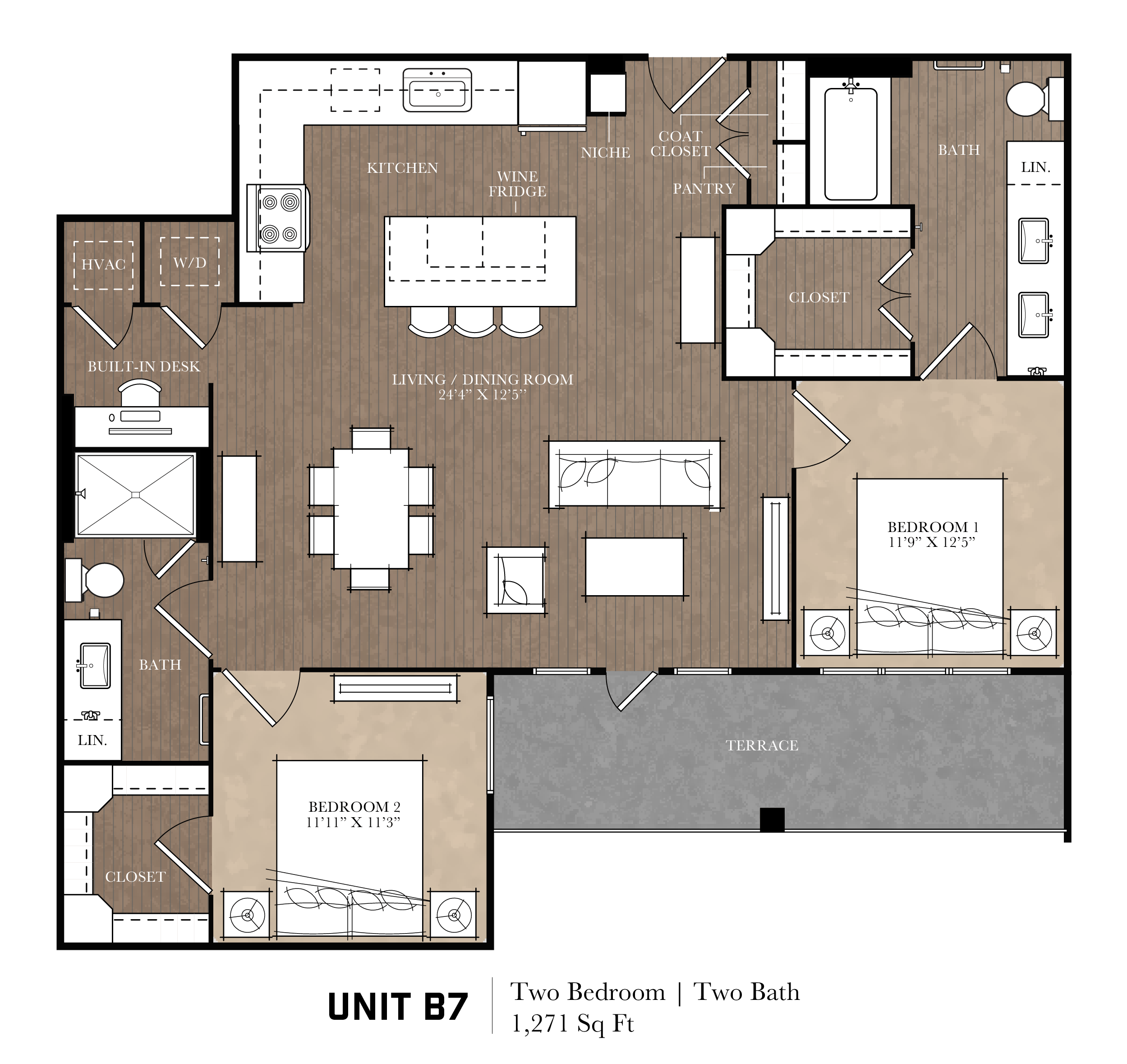 Floor plan for 2 beds, 2 baths, 1271 sqft