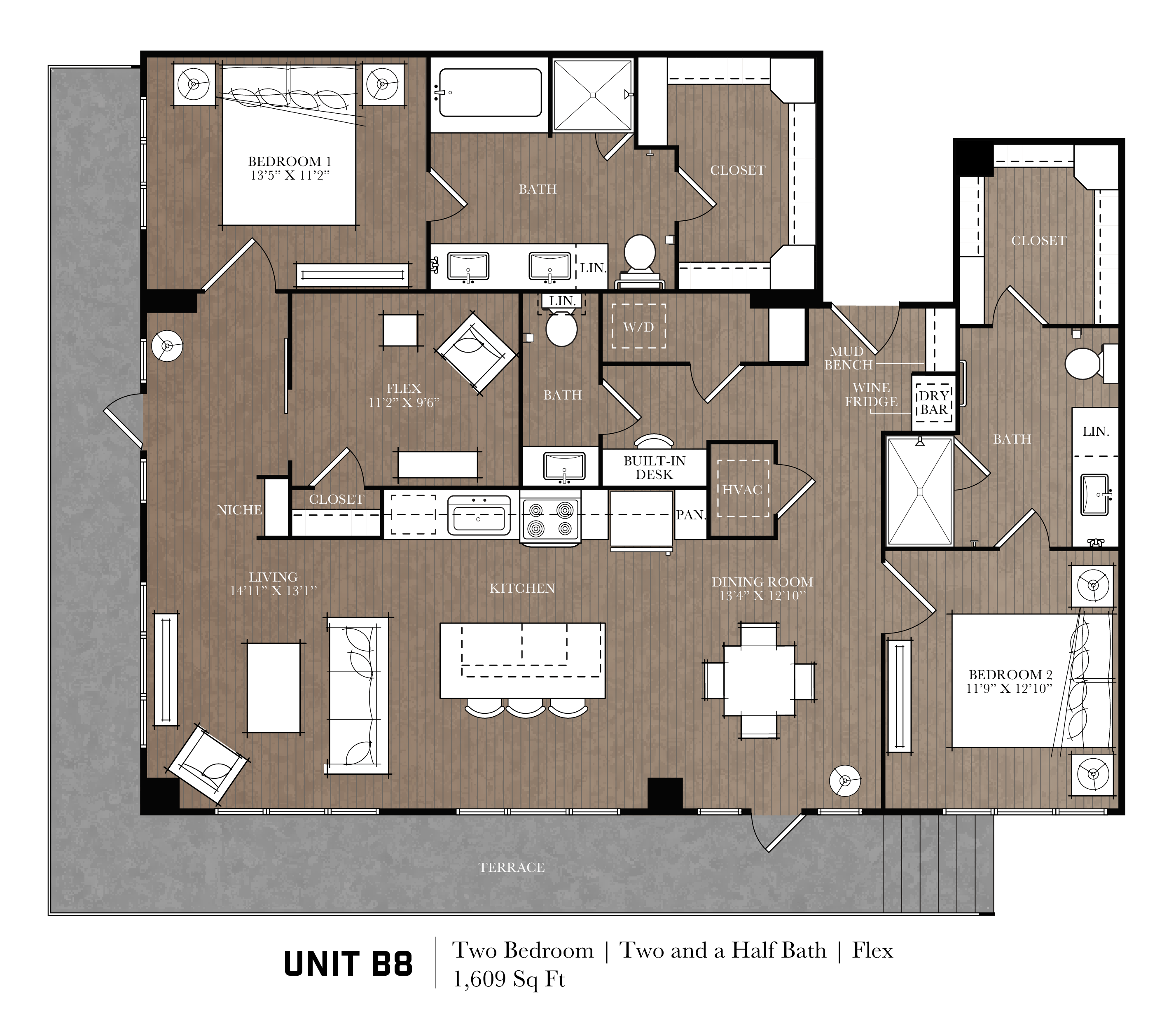 Floor plan for 2 beds, 2.5 baths, 1609 sqft
