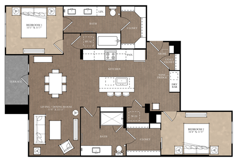 Floor plan for 2 beds, 2 baths, 1355 sqft