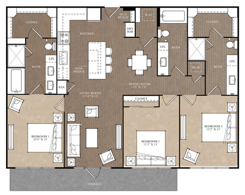 Floor plan for 3 beds, 3 baths, 1546 sqft