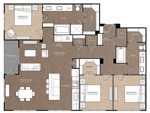 Floor plan for 3 beds, 2 baths, 1588 sqft