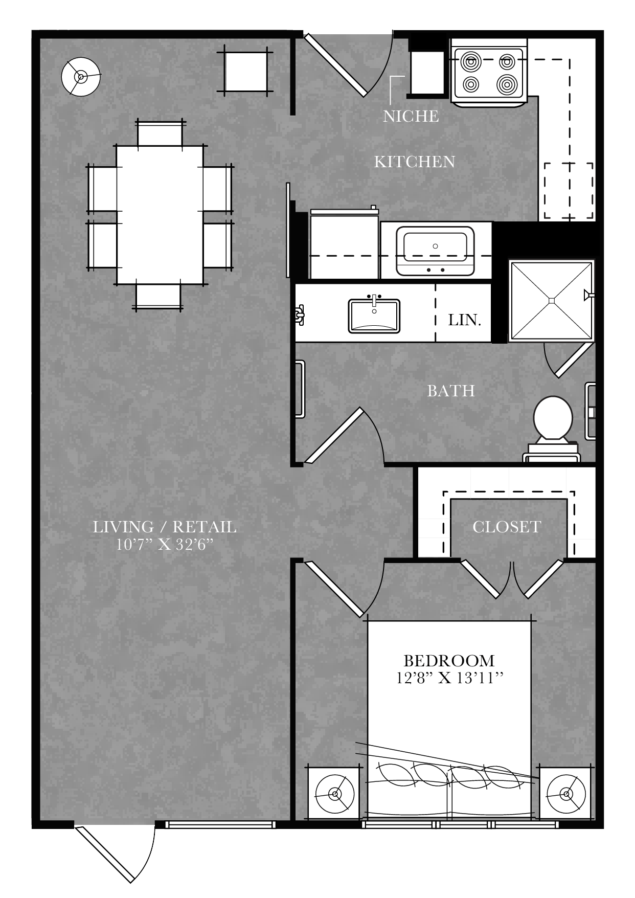 Floor plan for 1 bed, 1 bath, 756 sqft