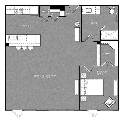 Floor plan for 1 bed, 1 bath, 1100 sqft