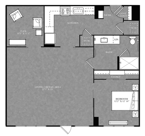 Floor plan for 1 bed, 1 bath, 1173 sqft