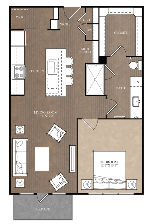 Floor plan for 1 bed, 1 bath, 759 sqft
