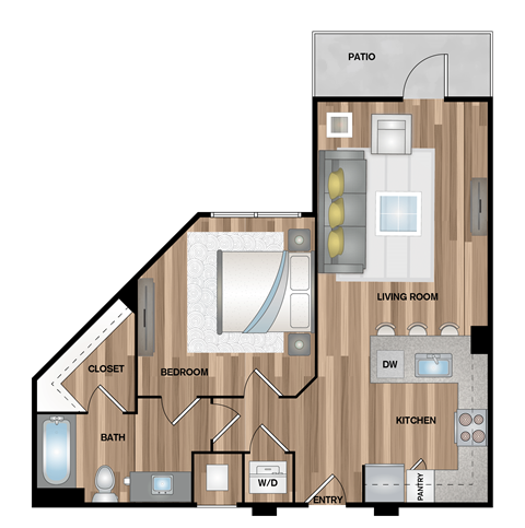 Floor plan for 1 bed, 1 bath, 665 sqft