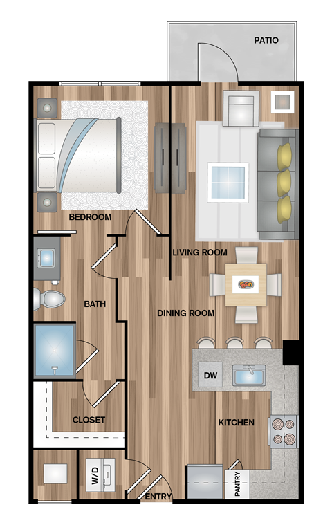 Floor plan for 1 bed, 1 bath, 672 sqft