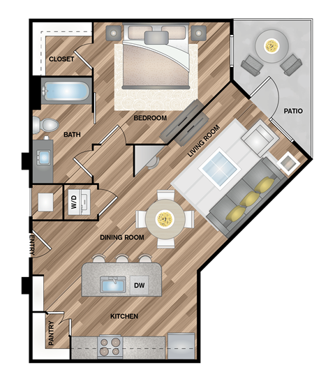 Floor plan for 1 bed, 1 bath, 716 sqft