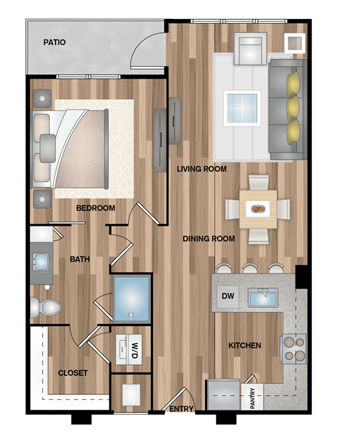 Floor plan for 1 bed, 1 bath, 740 sqft