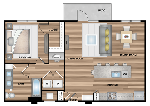Floor plan for 1 bed, 1 bath, 836 sqft