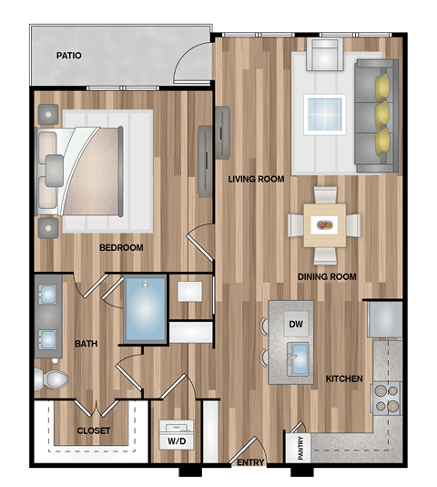 Floor plan for 1 bed, 1 bath, 864 sqft