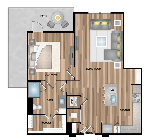 Floor plan for 1 bed, 1 bath, 769 sqft