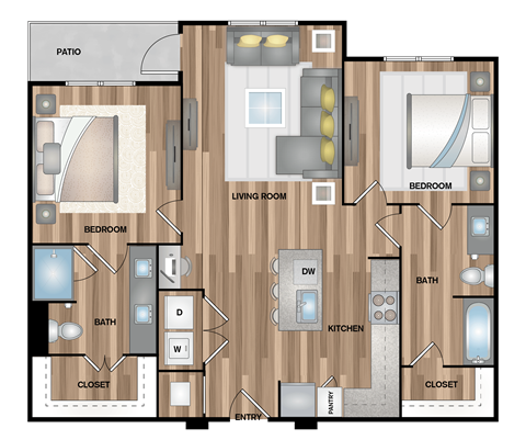 Floor plan for 2 beds, 2 baths, 1019 sqft