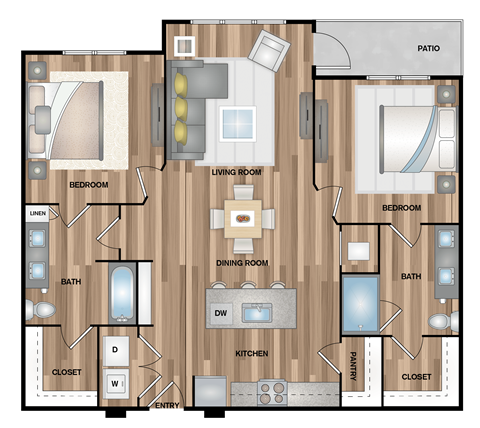 Floor plan for 2 beds, 2 baths, 1124 sqft