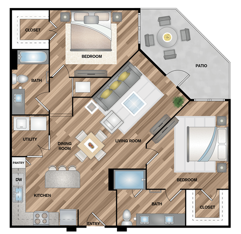 Floor plan for 2 beds, 2 baths, 1142 sqft