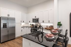 Huntersville apartment for rent - A modern kitchen with a black countertop and stainless steel appliances.