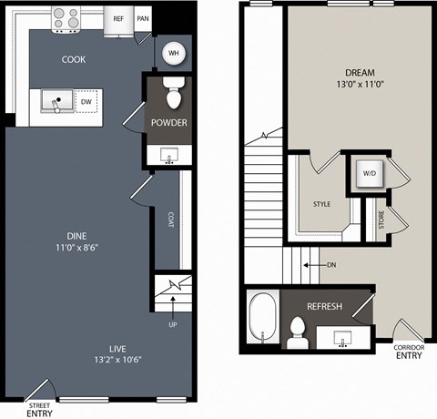 Floor plan for 1 bed, 1.5 baths, 1128 sqft