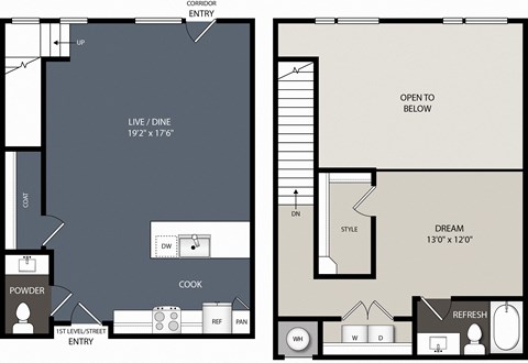 Floor plan for 1 bed, 1.5 baths, 1124 sqft