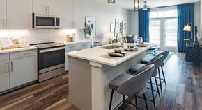 Lewisville apartment for rent - A modern kitchen with a long island and bar stools.