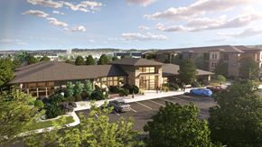 Littleton apartment for rent - A rendering of a modern building with a parking lot in front.
