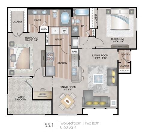 Floor plan for 2 beds, 2 baths, 1153 sqft