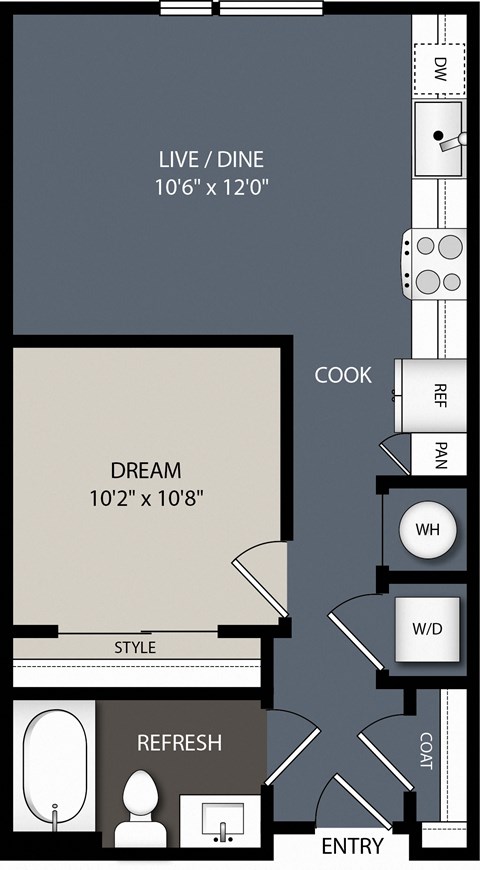 Floor plan for studio, 1 bath, 585 sqft