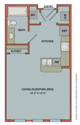Floor plan for studio, 1 bath, 505 sqft