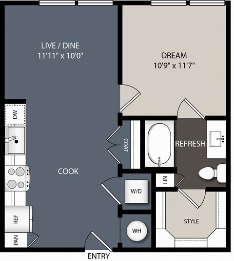 Floor plan for studio, 1 bath, 625 sqft