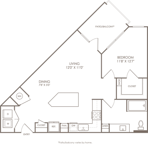 Floor plan for 1 bed, 1 bath, 795 sqft