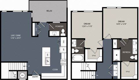 Floor plan for 2 beds, 2.5 baths, 1481 sqft