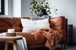 Spring Hill apartment for rent - A brown leather couch with a grey pillow and a brown blanket on it.