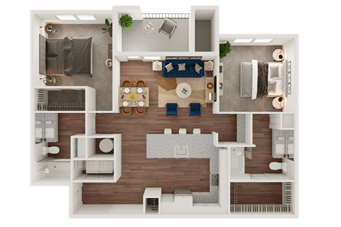 Floor plan for 2 beds, 2 baths, 1129 sqft