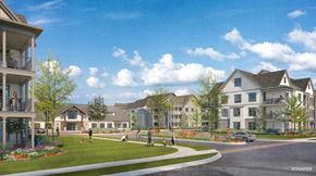 Spring Hill apartment for rent - A rendering of a residential neighborhood with houses and people walking.