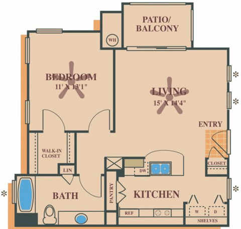 Floor plan for 1 bed, 1 bath, 690 sqft